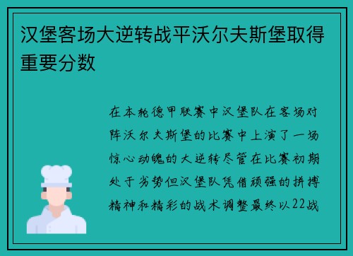 汉堡客场大逆转战平沃尔夫斯堡取得重要分数